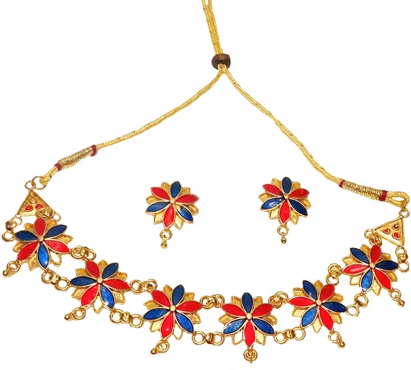 Assamese_Traditional_Gold_Plated_Red_Blue_Colour_Golpata_Necklace_Set_For_Women